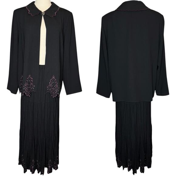 Yoakum Double D Ranch Black Purple Embroidered Jacket Skirt Set Scalloped Hem M - Picture 1 of 6